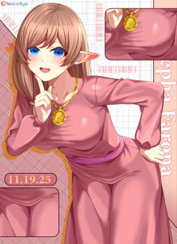 1girl :d absurdres blue_eyes blush breasts brown_hair character_name collarbone commission commissioner_upload dress drop_shadow elf hand_on_own_hip highres index_finger_raised jewelry large_breasts leaning_forward long_hair long_sleeves looking_at_viewer lori_hagami low-tied_long_hair low_side_ponytail mature_female multiple_views necklace official_art open_mouth pink_dress pointy_ears puffy_long_sleeves puffy_sleeves sash sepha_farona smile solo taut_clothes taut_dress ways_of_darkness_(series)