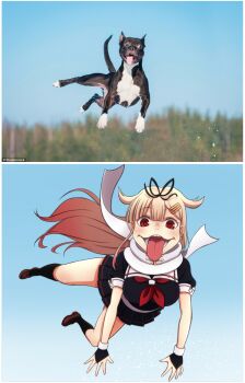 1girl black_ribbon black_serafuku blonde_hair blue_background breasts dog gradient_background hair_flaps hair_ornament hair_ribbon hairclip highres jougenmushi kantai_collection large_breasts long_hair miniskirt open_mouth photo-referenced photo_inset pleated_skirt red_eyes reference_inset reference_photo reference_work ribbon scarf school_uniform serafuku skirt smile solo teeth tongue tongue_out white_scarf yuudachi_(kancolle) yuudachi_kai_ni_(kancolle)