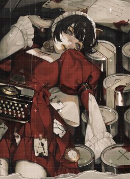 1girl absurdres animal_ears arm_belt baichuan_baichuan black_hair blood blue_eyes clock cowboy_shot dress eyelashes fake_animal_ears frills hair_ornament hairclip headdress highres juliet_sleeves lips long_sleeves looking_afar original paper parted_lips puffy_sleeves red_dress ringed_eyes short_hair solo typewriter white_headdress