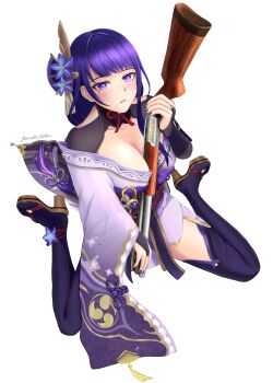 1girl artist_name black_thighhighs blunt_bangs blush braid breasts bridal_gauntlets cleavage clothing_cutout collarbone commentary english_commentary fan_hair_ornament flower flower_ornament from_above genshin_impact gradient_hair gun hair_between_eyes hair_ribbon highres holding holding_gun holding_weapon huge_breasts japanese_clothes kimono long_braid looking_at_viewer looking_to_the_side looking_up mitsudomoe_(shape) mole mole_under_eye multicolored_hair neck_ribbon off_shoulder parted_bangs pink_lips purple_eyes purple_flower purple_hair purple_kimono purple_nails raiden_shogun red_ribbon red_sash rekka_yamato ribbon sash shade shotgun shoulder_cutout shy signature simple_background single_braid sitting solo streaked_hair thick_thighs thighhighs thighs tomoe_(symbol) wariza weapon white_background