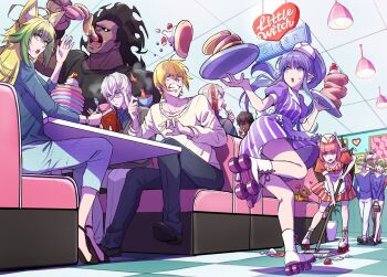 accident animal_ears ankle_strap arjuna_(fate) asclepius_(fate) atalanta_(fate) bag blonde_hair blue_eyes caenis_(fate) castor_(fate) cat_ears ceiling_light circe_(fate) cleaning contemporary cream cup diadem diner eating fate/grand_order fate_(series) food food_on_face fruit green_eyes hand_up handbag hat heracles_(fate) highres jason_(fate) leg_up long_hair medea_(fate) medea_lily_(fate) midair mop multicolored_hair nn_(nnenuenun) odysseus_(fate) open_mouth orion_(bear)_(fate) pancake pinstripe_pattern pollux_(fate) roller_skates short_hair sign skates strawberry striped sweatdrop two-tone_hair uniform waitress white_hair