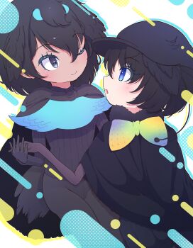 2girls absurdres antennae bird_girl bird_tail bird_wings black_cape black_eyes black_hair black_sweater blue_bow blue_bowtie blue_eyes blush bow bowtie newsboy_cap cape gloves gothic_luck gradient_bow gradient_bowtie hair_between_eyes hat head_wings highres kemono_friends kemono_friends_3 long_sleeves looking_at_viewer luichan multicolored_bow multicolored_bowtie multiple_girls open_mouth pantyhose puffy_shorts short_hair shorts smile solo superb_bird-of-paradise_(kemono_friends) sweater tail western_parotia_(kemono_friends) wings yellow_bow yellow_bowtie