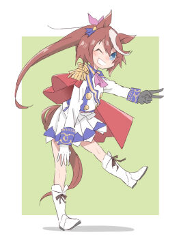 Rule 34 | 1girl, animal ears, ascot, asymmetrical gloves, beer hsk, black gloves, blue eyes, boots, border, brown hair, collared shirt, commentary request, epaulettes, full body, gloves, green background, grin, hair between eyes, horse ears, horse girl, horse tail, long hair, mismatched gloves, multicolored hair, one eye closed, pleated skirt, ponytail, purple ascot, shadow, shirt, single epaulette, skirt, smile, solo, standing, standing on one leg, streaked hair, tail, tokai teio (peak joy) (umamusume), tokai teio (umamusume), umamusume, very long hair, white boots, white border, white gloves, white hair, white shirt, white skirt