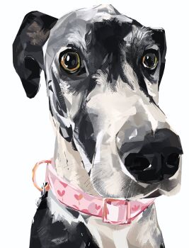 animal collar commentary commission dog english_commentary highres junbuug no_humans original pink_collar portrait realistic simple_background solo white_background yellow_eyes