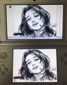 1girl commentary_request dithering flipnote_studio_(medium) greyscale handheld_game_console highres long_hair merrysan1218 monochrome nintendo_3ds open_mouth photo-referenced real_life voice_actor yonezawa_akane