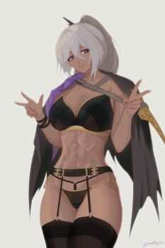 1girl abs absurdres artist_name black_bra black_capelet black_panties black_thighhighs bra breasts capelet commentary dark-skinned_female dark_skin english_commentary garter_belt girls&#039;_frontline girls&#039;_frontline_2:_exilium hair_between_eyes highres long_hair looking_at_viewer navel nemesis_(girls&#039;_frontline_2) nishibuya panties parted_lips ponytail purple_eyes side-tie_panties simple_background smile solo thighhighs twitter_username underwear v w white_background