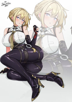 1girl arm_strap artist_name ass bare_shoulders black_gloves black_pants blonde_hair breasts chest_harness commentary elbow_gloves english_commentary evelyn_chevalier full_body gloves half_gloves hand_on_floor hand_up harness head_tilt high-waist_pants highres jarckius large_breasts latex_pants looking_at_viewer necktie open_mouth pants pendant_choker purple_eyes see-through_clothes shirt single_elbow_glove single_half_glove sleeveless sleeveless_shirt solo tight_clothes tight_pants white_shirt wide_hips yellow_necktie zenless_zone_zero zoom_layer