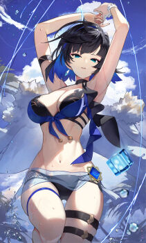 1girl arm_strap armpits arms_up bikini black_hair blue_hair blue_sky bracelet breasts cleavage cloud colored_inner_hair dice fur-trimmed_jacket fur_trim genshin_impact green_eyes highres jacket jewelry large_breasts looking_at_viewer mole mole_on_breast multicolored_hair navel parted_lips sarong scottie_(phantom2) short_hair sky solo stomach swimsuit tassel thigh_strap two-tone_hair unworn_jacket vision_(genshin_impact) water water_drop white_jacket yelan_(genshin_impact)