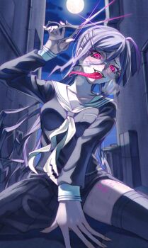 1girl ahoge alley arm_up backlighting between_legs black_hair black_serafuku black_skirt black_thighhighs blush breasts collarbone danganronpa:_trigger_happy_havoc danganronpa_(series) double-parted_bangs eyelashes fangs floating_hair fukawa_toko full_moon furrowed_brow genocider_shou glasses glint glowing glowing_eyes hair_between_eyes hair_ornament hairclip hand_between_legs hashtag-only_commentary heavy_breathing holding holding_scissors incoming_attack long_hair long_tongue medium_breasts moon moonlight neckerchief night oisutalasolosu open_mouth outdoors parallel_hairclips pleated_skirt red_eyes round_eyewear sailor_collar school_uniform scissors serafuku sidelocks sitting skirt sleeves_past_wrists smile solo sweat teeth thighhighs thighs tongue tongue_out torn_clothes torn_neckerchief upper_teeth_only very_long_hair white_neckerchief white_sailor_collar