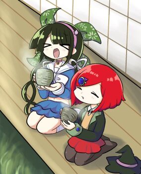 >_< 2girls black_hair black_jacket blush bow brown_pantyhose chabashira_tenko choker closed_eyes collared_jacket collared_shirt commentary cup danganronpa_(series) danganronpa_v3:_killing_harmony from_above gem_hair_ornament hair_ornament hair_ribbon hairband hat hichimochi_(4gdq1cyagsnyqqz) holding holding_cup jacket layered_skirt long_hair long_sleeves mole mole_under_mouth multiple_girls navel no_shoes open_mouth pantyhose pink_choker pink_hairband pleated_skirt red_hair ribbon sailor_collar school_uniform seiza shirt short_hair shouji sitting skirt sliding_doors smile steaming_cup thighs toon_(style) twintails unworn_hat unworn_headwear very_long_hair witch_hat wooden_deck yumeno_himiko