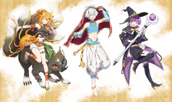 1girl 2boys :d ^_^ animal_ear_fluff animal_ears anklet bare_shoulders barefoot black_boots black_cape black_hat black_shirt black_shorts black_sleeves blue_hair blue_sleeves boots cape cat cat_ears cat_girl cat_tail character_request claw_pose closed_eyes clothing_cutout commentary_request copyright_request crop_top cropped_shirt detached_sleeves double-parted_bangs fingerless_gloves full_body gloves green_shoes grin hair_between_eyes hand_up hat high_heel_boots high_heels highres holding holding_staff jewelry long_hair long_sleeves midriff multicolored_hair multiple_boys navel open_mouth orange_hair outstretched_arm pants purple_cape purple_hair shinishi_chiho shirt shoes short_hair shorts sleeveless sleeveless_shirt smile staff standing standing_on_one_leg tail thigh_boots thighhighs two-sided_cape two-sided_fabric two-tone_hair v-shaped_eyebrows white_gloves white_hair white_pants white_shorts white_thighhighs wide_sleeves witch_hat