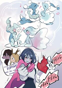 4girls 4others angry antlers brionne cape crossover deer_girl deltarune english_text gen_7_pokemon heart highres horns kris_(dark_world)_(deltarune) kris_(deltarune) middle_finger miss_mizzle mizzle_(deltarune) multiple_girls multiple_others music musical_note nintendo noelle_holiday noses_touching pointing pokemon pokemon_(creature) primarina rendoll reptile_girl singing soul_(deltarune) susie_(deltarune) trait_connection utdr_(toby_fox)