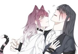 Rule 34 | 2girls, animal ears, black coat, black hair, blush, cat ears, cat girl, cat tail, coat, collared shirt, commentary request, gradient hair, highres, illusion moon, kemonomimi mode, korean commentary, long hair, long sleeves, looking at another, multicolored hair, multiple girls, necktie, parted lips, path to nowhere, purple hair, rahu (path to nowhere), scar, scar across eye, shalom (path to nowhere), shirt, simple background, smile, sweatdrop, tail, upper body, white background, white hair, white necktie, white shirt, yuri