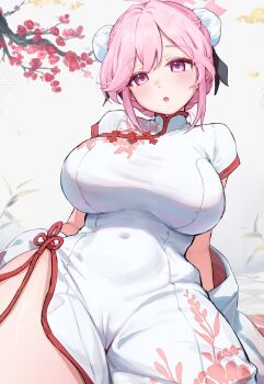 1girl :o blue_archive breasts cherry_blossoms china_dress chinese_clothes commentary_request double_bun dress floral_print floral_print_dress grey_background hair_bun halo highres large_breasts looking_at_viewer official_alternate_costume open_mouth pink_eyes pink_hair pink_halo print_dress sitting solo tomoe_(blue_archive) tomoe_(qipao)_(blue_archive) white_dress yomizu_(rdad3278)
