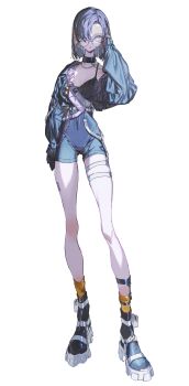 1girl absurdres belt boots breasts camisole crymachina earrings expressionless full_body glasses grey_hair hair_over_one_eye high-waist_shorts highres jacket jewelry looking_at_viewer medium_breasts mikoto_sengiku_(crymachina) official_art open_clothes open_jacket rolua round_eyewear short_shorts shorts solo transparent_background white_eyes