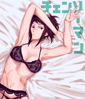 Rule 34 | 1girl, absurdres, armpits, arms up, bra, breasts, brown eyes, brown hair, chainsaw man, highres, knew nothing, medium breasts, navel, o-ring, o-ring bra, panties, ponytail, scar, scar on face, solo, tendou michiko, translation request, underwear
