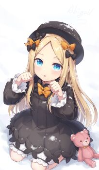 Rule 34 | abigail williams (fate), abigail williams (first ascension) (fate), black bow, black dress, black hat, blonde hair, bloomers, blue eyes, blush, bow, chaoji da yuwan, character name, chinese commentary, commentary, dress, fate/grand order, fate (series), forehead, frilled sleeves, frills, hair bow, hands up, hat, highres, long hair, long sleeves, looking at viewer, multiple hair bows, on ground, orange bow, parted bangs, parted lips, paw pose, puffy long sleeves, puffy sleeves, sidelocks, sitting, snow, snow on clothes, snow on head, snow on headwear, stuffed animal, stuffed toy, teddy bear, underwear, very long hair, wariza, white bloomers
