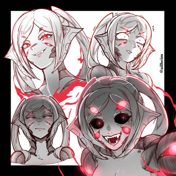 1girl absurdres ailheim annoyed aura black_border black_sclera border colored_sclera commentary dark_aura dragon_horns english_commentary extra_eyes eyes_of_grima female_robin_(fire_emblem) female_robin_(grima)_(fire_emblem) female_robin_(grima)_(tyrant_of_despair)_(fire_emblem) fire_emblem fire_emblem_awakening fire_emblem_heroes glowing glowing_eyes highres horns long_hair looking_at_viewer monochrome multiple_expressions multiple_views nervous nervous_sweating nintendo open_mouth red_eyes scales sharp_teeth smile smirk solo spot_color surprised sweat teeth twintails twitter_username white_background white_hair