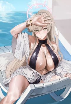 1girl absurdres alternate_breast_size_(larger) arm_up black_one-piece_swimsuit blue_archive bracelet breasts cleavage commentary_request curvy earrings gcg gold_bracelet halo highres hoop_earrings jewelry large_breasts long_hair looking_at_viewer nagisa_(blue_archive) nagisa_(swimsuit)_(blue_archive) official_alternate_costume one-piece_swimsuit open_clothes open_shirt ring_light_reflection shirt sitting solo spread_legs swimsuit thighs very_long_hair water wet white_shirt