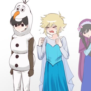 &gt;_&lt; 1girl 2boys anna_(frozen) anna_(frozen)_(cosplay) antenna_hair aubrey_(faraway)_(omori) aubrey_(omori) basil_(faraway)_(omori) basil_(omori) black_eyes black_hair blonde_hair blue_dress bow braid bright_pupils clenched_hands closed_mouth cosplay crying double-parted_bangs dress elsa_(frozen) elsa_(frozen)_(cosplay) expressionless flying_sweatdrops frozen_(disney) hair_between_eyes hair_bow highres iomor_snuuy long_hair long_sleeves low_twin_braids multiple_boys olaf_(frozen) olaf_(frozen)_(cosplay) omori open_mouth parted_lips pink_bow short_hair sidelocks simple_background sunny_(omori) twin_braids white_background white_pupils