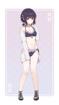 1girl bikini black_bikini black_hair bone_hair_ornament breasts cartoon_bone cleavage frilled_bikini frills full_body gradient_background hair_ornament highres jacket looking_at_viewer low_twintails medium_breasts nagami_yuu open-toe_shoes original red_eyes short_hair short_twintails side-tie_bikini_bottom skull_hair_ornament solo standing swimsuit twintails white_jacket