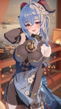 1girl absurdres ahoge architecture balcony bell black_gloves blue_dress blue_hair blurry blurry_background blush bodystocking breasts commentary covered_navel cowboy_shot detached_sleeves dress east_asian_architecture flower flower_knot ganyu_(genshin_impact) ganyu_(twilight_blossom)_(genshin_impact) genshin_impact gloves goat_horns gold_trim hair_between_eyes hair_flower hair_ornament hand_in_own_hair highres horns jumonji lantern lantern_festival light_blue_hair looking_at_viewer medium_breasts medium_hair neck_bell ocean official_alternate_costume open_mouth paid_reward_available red_eyes ship side_slit sidelocks sky_lantern smile solo standing tassel watercraft