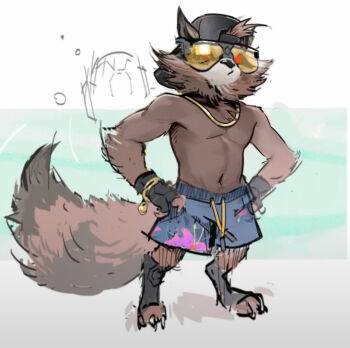 1boy animal_ears claws closed_mouth commentary english_commentary furry furry_male gold_necklace guardians_of_the_galaxy hands_on_own_hips highres jewelry looking_at_viewer male_focus marvel marvel marvel_rivals necklace purple_shorts raccoon_boy raccoon_ears raccoon_tail red_eyes rocket_raccoon shorts sylvein tail tinted_eyewear topless_male yellow-tinted_eyewear