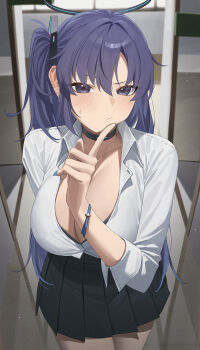 1girl absurdres black_choker black_skirt blue_archive blush breasts choker cleavage commentary earrings finger_to_cheek fingernails halo highres indoors jewelry large_breasts long_hair looking_at_viewer miniskirt mm_(mhm2592) nail_polish one_side_up pleated_skirt purple_eyes purple_hair red_pupils shirt skirt solo stud_earrings sweatdrop thighs very_long_hair white_shirt yuuka_(blue_archive)