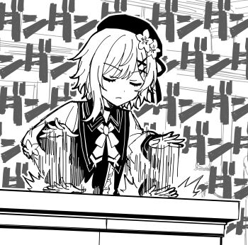 Rule 34 | 1girl, absurdres, ace attorney, afterimage, banging, beret, cherry blossoms, choker, closed eyes, closed mouth, facing viewer, flower, greyscale, hair flower, hair ornament, hat, highres, long sleeves, mahou shoujo no majo saiban, monochrome, motion lines, neck ribbon, parody, ribbon, sakuraba ema, short hair, slamming table, solo, somechime (sometime1209), table, text background, translation request, upper body, x hair ornament