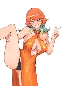 1girl alternate_costume bare_shoulders black_panties breasts cleavage commentary_request earrings feather_earrings feathers gradient_hair green_hair highres hololive hololive_english iver_(reviolet) jewelry large_breasts leg_lift leg_up long_hair multicolored_hair orange_hair paid_reward_available panties purple_eyes revision simple_background smile solo standing standing_on_one_leg takanashi_kiara underwear v virtual_youtuber white_background