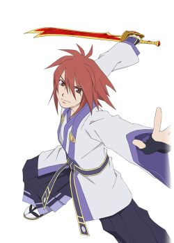 Rule 34 | 1boy, artist request, brown eyes, closed mouth, cowboy shot, fighting stance, game cg, holding, holding sword, holding weapon, japanese clothes, kratos aurion, kratos aurion (steel demon), looking at viewer, male focus, medium hair, official alternate costume, official art, red hair, solo, spiked hair, standing, sword, tales of (series), tales of asteria, tales of symphonia, third-party source, transparent background, weapon