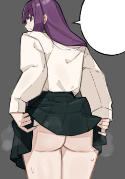 1girl absurdres ass blank_speech_bubble clothes_lift commentary contemporary fern_(sousou_no_frieren) highres long_hair no_panties purple_eyes purple_hair sattinittas school_uniform simple_background skirt skirt_lift solo sousou_no_frieren speech_bubble sweat visible_air