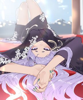 1girl animal_ears black_kimono blue_nails blush breasts closed_mouth commentary_request floral_print floral_print_kimono horse_ears horse_girl horse_tail japanese_clothes kimono large_breasts long_hair long_sleeves looking_at_viewer lying mejiro_mcqueen_(umamusume) on_back print_kimono purple_eyes purple_hair smile socks solo tail takamaza umamusume white_socks