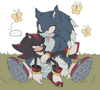 2boys absurdres animal_ears animal_nose black_fur blue_fur bug butterfly fluffy furry furry_male furry_with_furry gloves grass green_eyes hedgehog_boy highres insect male_focus multiple_boys red_eyes shadow_the_hedgehog sitting sitting_on_lap sitting_on_person sonic_(series) sonic_the_hedgehog sonic_the_werehog sonic_unleashed tail tongue tongue_out unneul white_gloves yaoi