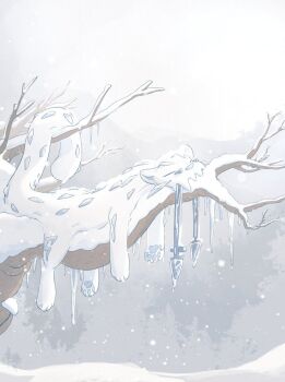 animal_focus chien-pao closed_eyes commentary_request fangs mellowmellow666 nintendo no_humans on_branch pokemon pokemon_(creature) pokemon_focus sleeping snow snow_leopard snowing tail tusks white_fur