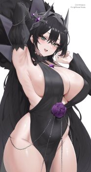 Rule 34 | 1girl, absurdres, aqua eyes, arm behind head, arm up, armpits, beads, black hair, blush, breasts, center opening, cleavage, commentary, commission, commissioner name, covered navel, detached sleeves, diamond-shaped pupils, diamond (shape), dress, dress flower, english commentary, first one14, flower, gem, groin, hair between eyes, hair intakes, hand up, headgear, highres, horns, large breasts, long hair, long sleeves, open mouth, original, pelvic curtain, purple flower, purple gem, purple rose, ringed eyes, rose, side slit, sideboob, sidelocks, simple background, smile, solo, standing, symbol-shaped pupils, thighs, very long hair, white background