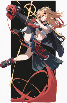 1girl asymmetrical_gloves bandaged_arm bandages black_background black_choker black_gloves black_jacket black_shoes black_thighhighs blonde_hair blue_skirt breasts chenxue_(honkai_impact) choker cleavage collarbone crop_top cropped_shirt full_body gloves hair_between_eyes hair_ornament highres honkai_(series) honkai_impact_3rd jacket large_breasts legs long_hair miniskirt multicolored_shoes navel open_clothes open_jacket open_mouth open_shirt panties postalworks red_eyes red_gloves red_shoes red_socks shirt shoes short_sleeves simple_background single_thighhigh skirt sneakers socks spiked_choker spiked_jacket spiked_shoes spikes stomach thighhighs thighs torn_clothes two-tone_shoes underwear white_background white_panties white_shirt