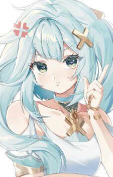 1girl :t anger_vein aqua_hair bare_shoulders blush bracelet closed_mouth collarbone dress faruzan_(genshin_impact) genshin_impact geumxxi green_eyes hair_ornament hashtag-only_commentary highres jewelry long_hair looking_at_viewer pout simple_background solo symbol-shaped_pupils triangle-shaped_pupils twintails upper_body white_background white_dress x_hair_ornament