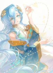Rule 34 | 1girl, 37 (reverse:1999), :d, absurdres, ancient greek clothes, arm up, armlet, artist name, bare shoulders, blue eyes, blue hair, blue robe, dated, dotted line, geometry, gold choker, greco-roman clothes, hair between eyes, hands up, highres, holding, laurel crown, long hair, off shoulder, open mouth, reverse:1999, robe, signature, smile, solo, triangle, upper body, very long hair, white background, xiaoji chuangzao