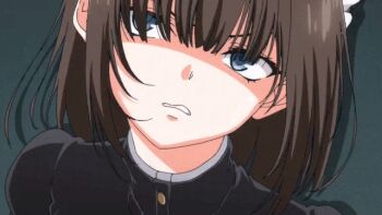 1girl absurdres animated apron blue_eyes brown_hair disgust female_focus hair_between_eyes highres huge_filesize imminent_fellatio imminent_kiss imminent_penetration imminent_rape imminent_vaginal long_sleeves maid maid_apron maid_headdress maid_kyouiku_botsuraku_kizoku_rurikawa_tsubaki medium_hair open_mouth rurikawa_tsubaki sexually_suggestive shirt solo teeth white_headdress white_shirt