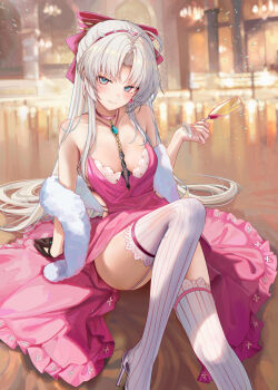 1girl alternate_costume aqua_eyes bare_shoulders black_gloves bow breasts carlotta_(wuthering_waves) chinese_commentary closed_mouth commentary cup dress drinking_glass earrings feather_boa foot_out_of_frame gloves grey_hair hair_bow hairband high_heels highres holding holding_cup jewelry light_blush long_hair looking_at_viewer medium_breasts nail_polish paid_reward_available parted_bangs pink_bow pink_dress pink_hairband pink_nails ru_zhai sidelocks sitting smile solo strapless strapless_dress striped_bow thighhighs thighs very_long_hair white_thighhighs wuthering_waves