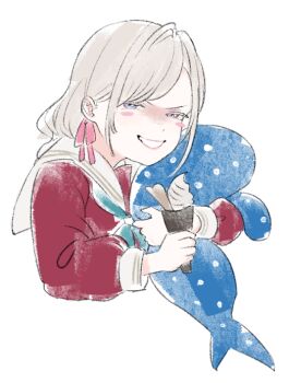 Rule 34 | 1girl, aqua neckerchief, blush stickers, brown dress, ceras yanagida lilienfeld, coelacanth, commentary, cropped torso, dress, evil grin, evil smile, fish, food, grey hair, grin, hair ribbon, half-closed eyes, hasu no sora school uniform, holding, holding food, holding ice cream, holding ice cream cone, ice cream, ice cream cone, link! like! love live!, long hair, long sleeves, looking at viewer, love live!, neckerchief, pink ribbon, ribbon, sailor collar, sailor dress, school uniform, simple background, smile, soft serve, solo, stuffed animal, stuffed fish, stuffed toy, v-shaped eyebrows, virtual youtuber, white background, white sailor collar, winter uniform, yoruneko yashiro