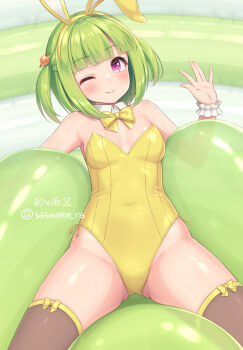1girl ;) blunt_bangs blush bow bowtie breasts brown_thighhighs commentary_request covered_navel detached_collar green_hair hair_ornament highres leotard one_eye_closed original pink_eyes planet_hair_ornament playboy_bunny sasaame short_hair small_breasts smile solo strapless strapless_leotard thighhighs twitter_username two_side_up yellow_bow yellow_bowtie yellow_leotard