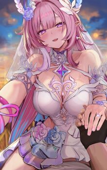 1boy 1girl absurdres armlet bare_shoulders black_gloves blue_hair blush breasts caelus_(honkai:_star_rail) cleavage commentary_request cowgirl_position cyrene_(honkai:_star_rail) cyrene_(ripples_of_past_reverie)_(honkai:_star_rail) dress earrings efuri_(riarea00) evening fingerless_gloves flower girl_on_top gloves hair_flower hair_ornament highres holding_hands honkai:_star_rail honkai_(series) implied_sex jewelry large_breasts looking_at_viewer multicolored_hair nail_polish open_mouth outdoors paid_reward_available partial_commentary pink_hair pink_nails pointy_ears purple_eyes purple_flower purple_rose rose sidelocks smile straddling streaked_hair sweat thighs trailblazer_(honkai:_star_rail) veil white_dress white_veil