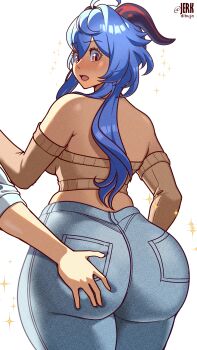 1girl absurdres ahoge alternate_costume artist_name ass ass_focus backboob beige_sweater blue_hair blurry blush breasts cleavage collarbone cowboy_shot curvy deep_skin denim embarrassed ganyu_(genshin_impact) genshin_impact grabbing_another&#039;s_ass groping half-closed_eyes highres horns huge_ass jeans jerkdibuja large_breasts long_hair long_sleeves looking_back midriff off_shoulder open_mouth pants parted_lips plunging_neckline purple_eyes road shadow simple_background solo_focus sparkle stealth_ass_grab thick_thighs thighs translated very_long_hair white_background