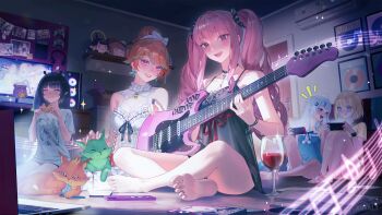 5girls :d absurdres alcohol babydoll barefoot black_choker black_nightgown black_shorts blonde_hair blue_eyes blue_hair blunt_bangs bob_cut breasts cat choker chonkers_(takanashi_kiara) closed_eyes closed_mouth cup drinking_glass electric_guitar empire_waist feathers gawr_gura green_feathers green_hair grey_hair grin guitar hair_bun hair_flaps handheld_game_console highres holding holding_guitar holding_handheld_game_console holding_instrument hololive hololive_english holomyth indoors instrument large_breasts long_hair mori_calliope mori_calliope_(sleepwear) multicolored_hair multiple_girls nightgown ninomae_ina&#039;nis ninomae_ina&#039;nis_(loungewear) official_alternate_costume official_alternate_hairstyle open_mouth orange_hair pendant_choker pink_eyes pink_hair pointy_ears print_shirt purple_eyes purple_hair shirt short_hair short_shorts shorts sidelocks single_hair_bun sitting sleepwear smile smol_calli smol_ina smol_kiara smoothie_(takanashi_kiara) soles streaked_hair t-shirt takanashi_kiara takanashi_kiara_(cozy) toes twintails virtual_youtuber watson_amelia white_babydoll white_shirt wine wine_glass xiisalt