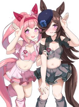 2girls animal_ears blue_flower blue_hat blue_rose blush bow breasts brown_hair clothing_cutout commentary_request cropped_shirt ear_bow ear_covers flipped_hair flower flower-shaped_pupils flower_in_eye grey_skirt hair_over_one_eye hairband haru_urara_(umamusume) hat hat_flower headband highres horse_ears horse_girl horse_tail kibihimi layered_skirt long_hair looking_at_viewer loose_socks medium_breasts meni_shuki_rush-sshu! midriff multiple_girls navel open_mouth pink_eyes pink_hair pink_headband pink_shirt pink_skirt pink_socks ponytail purple_eyes red_headband rice_shower_(umamusume) rose shirt simple_background skirt small_breasts smile socks standing symbol-shaped_pupils symbol_in_eye tail thighs tilted_headwear umamusume white_background