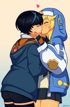 1boy 1girl absurdres arc_system_works ass black_hair black_shorts blonde_hair blue_hair blush bridget_(guilty_gear) closed_eyes fingerless_gloves from_behind gloves guilty_gear guilty_gear_strive guilty_gear_strive:_dual_rulers hetero highres hood hood_down hoodie kiss medium_hair miniskirt multicolored_hair short_hair short_shorts shorts skirt smgold unika_(guilty_gear)