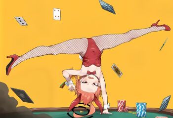 acrobatics ahoge animal_ears artist_request balancing blue_archive bow bowtie braid covered_navel detached_collar fake_animal_ears fang fishnet_pantyhose fishnets flexible full_body halo handstand highres huge_ahoge leotard looking_at_viewer mole mole_under_each_eye mole_under_eye multiple_moles neru_(blue_archive) neru_(bunny)_(blue_archive) one_arm_handstand open_clothes pantyhose playboy_bunny rabbit_ears red_bow red_bowtie red_eyes red_hair red_leotard single_braid split strapless strapless_leotard tag traditional_bowtie upside-down white_wrist_cuffs wrist_cuffs