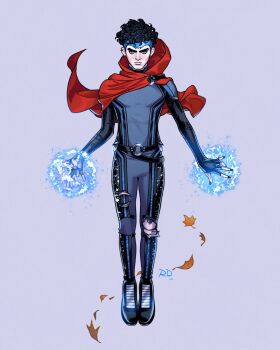 1boy agatha_all_along belt billy_maximoff black_belt black_gloves black_hair black_nails blue_bodysuit blue_eyes bodysuit cape cloak commentary curly_hair earrings english_commentary fingerless_gloves full_body gloves jewelry leaf looking_at_viewer magic male_focus marvel multiple_piercings o-ring o-ring_belt purple_background red_cape red_cloak russell_dauterman short_hair solo stud_earrings superhero_costume torn_bodysuit torn_clothes western_comics_(style) wiccan